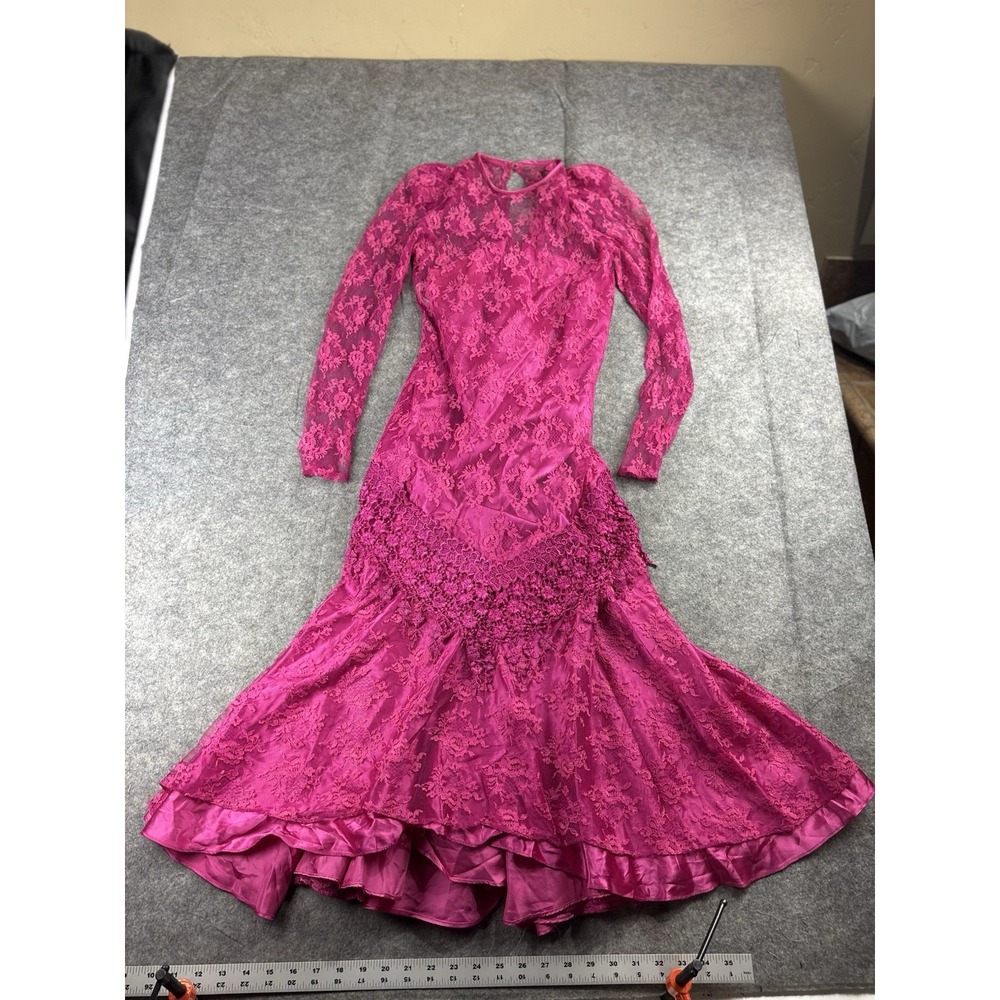 Vintage 1980s Lace Hot Pink High Neck Victorian Mermaid Gown Prom Womens XS?